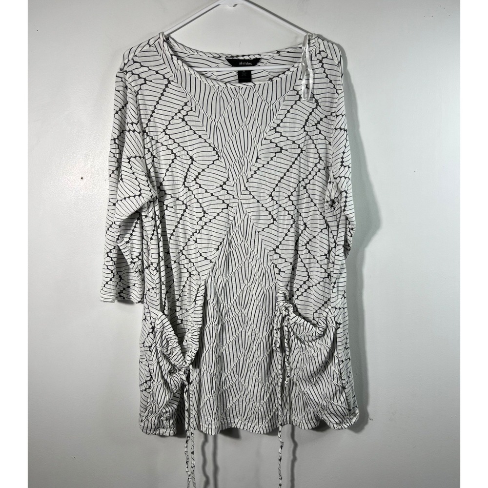 Ali‎ Miles Womens XL Tunic Top Black White Geometric Textured Pockets 3/4 Sleeve